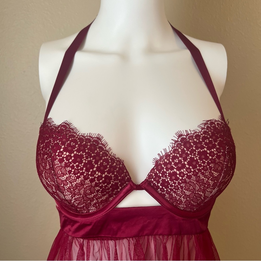 Victoria’s Secret burgundy eyelash lace negligee babydoll slip dress size 32D - Picture 3 of 7